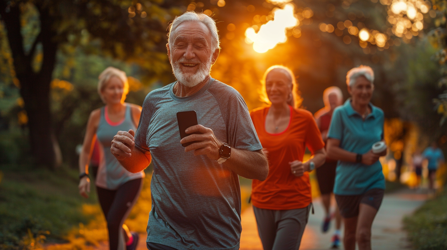 Старші люди займаються фітнесом з використанням сучасних технологій